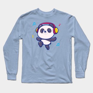 Cute Panda Listening Music With Headphone Long Sleeve T-Shirt